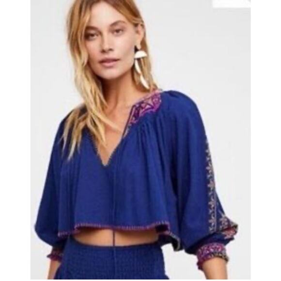Free People Boho Cropped Embroidered V-Neck Top in Blue Multi Size Medium - Picture 1 of 12